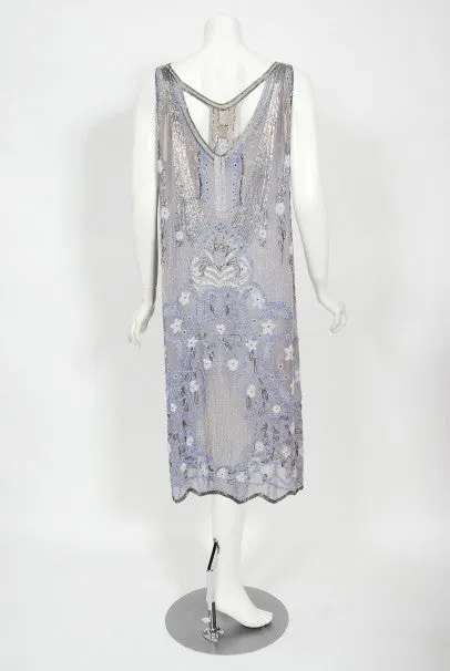 1920's Periwinkle Beaded Rhinestone Silk Chiffon Cut-Out Flapper Dress