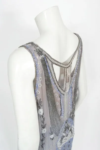 1920's Periwinkle Beaded Rhinestone Silk Chiffon Cut-Out Flapper Dress