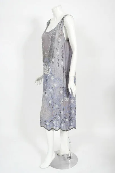 1920's Periwinkle Beaded Rhinestone Silk Chiffon Cut-Out Flapper Dress