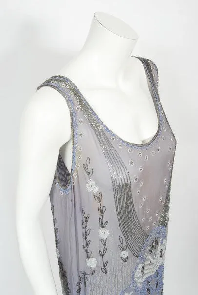 1920's Periwinkle Beaded Rhinestone Silk Chiffon Cut-Out Flapper Dress