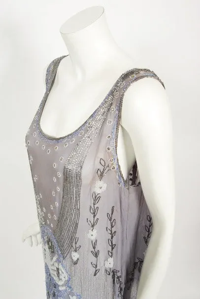 1920's Periwinkle Beaded Rhinestone Silk Chiffon Cut-Out Flapper Dress