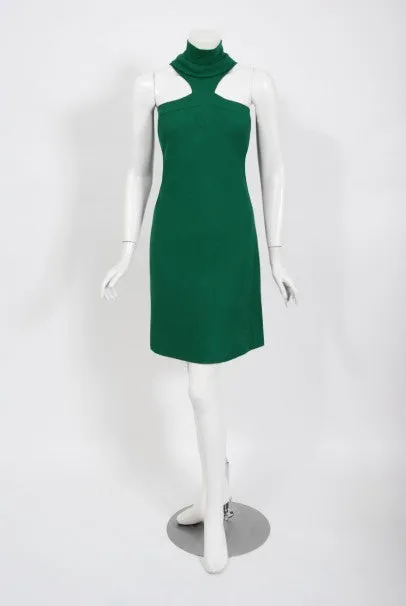 1966 Pierre Cardin Haute Couture Documented Green Crepe Turtleneck Mod Dress