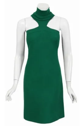 1966 Pierre Cardin Haute Couture Documented Green Crepe Turtleneck Mod Dress