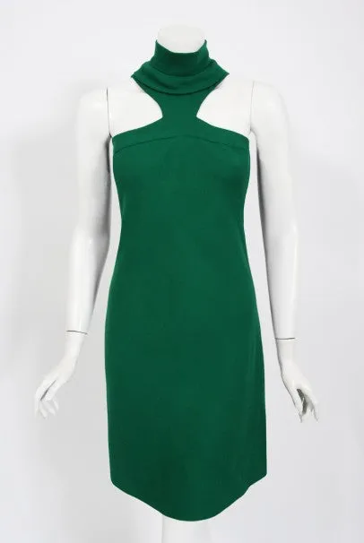 1966 Pierre Cardin Haute Couture Documented Green Crepe Turtleneck Mod Dress