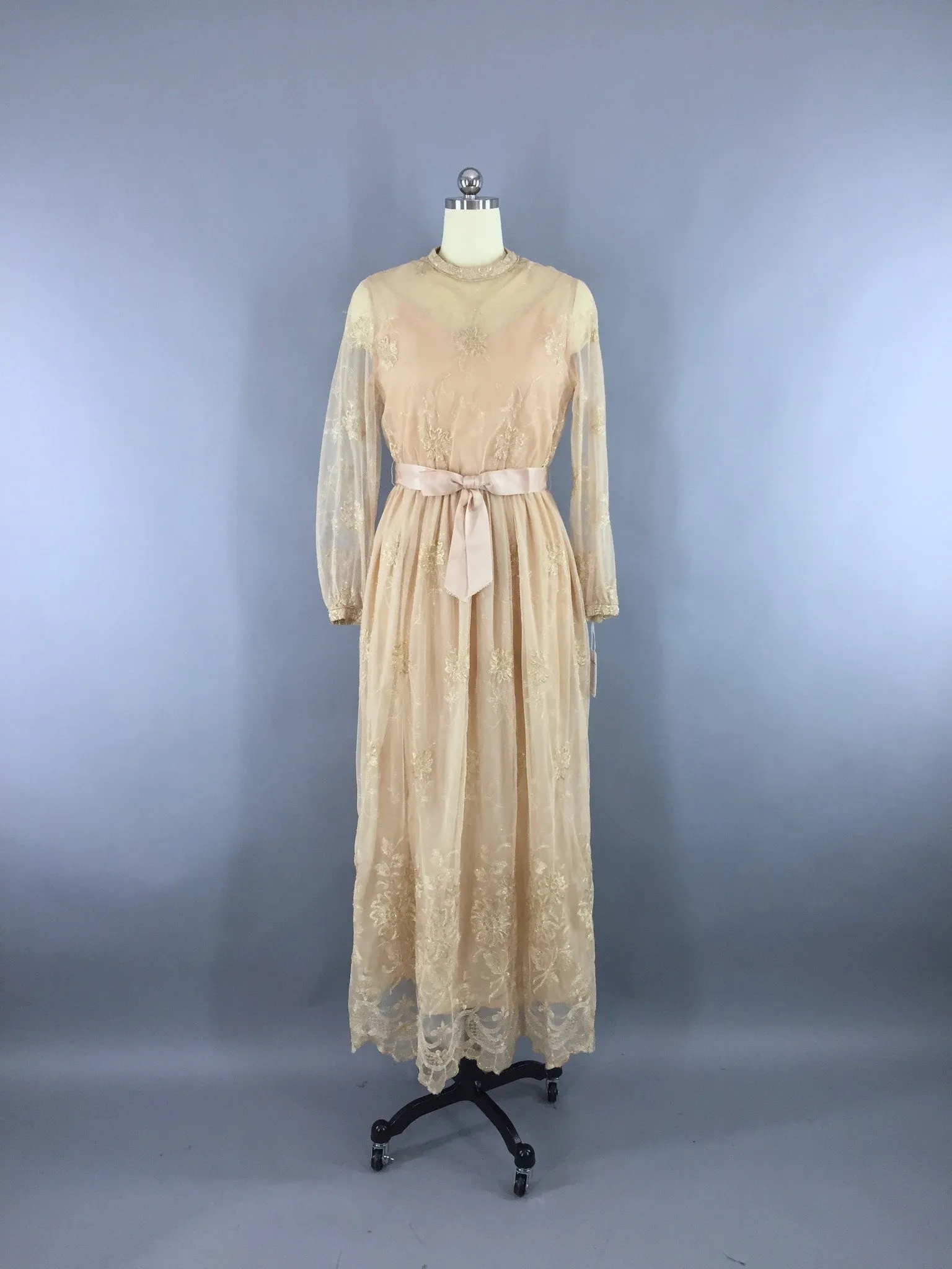 1970s Vintage Gold Lace Embroidered Maxi Dress