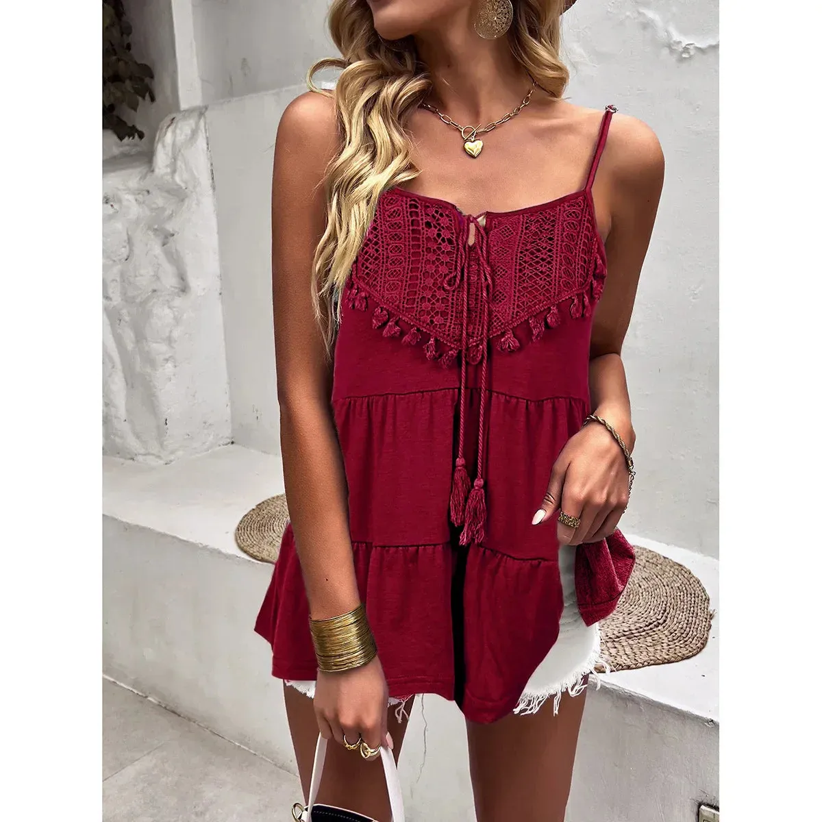 2024 Holiday Strap T-Shirt in Solid Knitted Women's Clothes