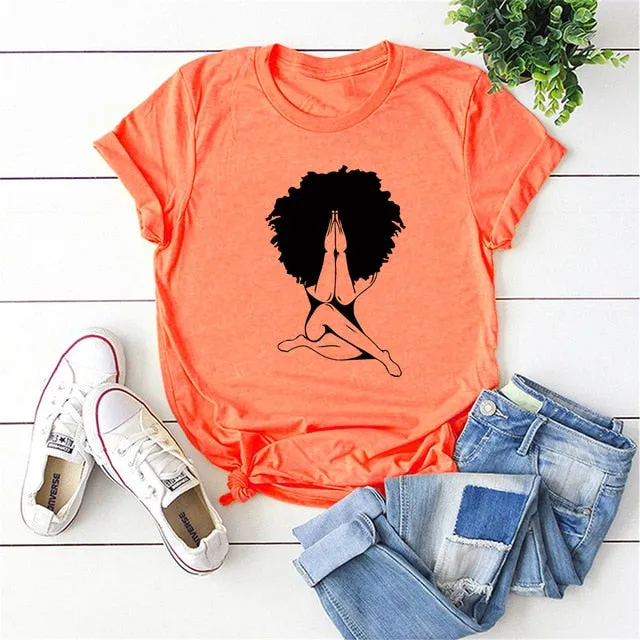 Afro woman Praying T-shirt Nubian Princess Queen Afro Hair Style Shirt Black Girl Melanin Shirts