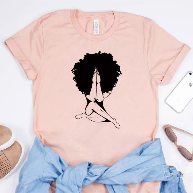 Afro woman Praying T-shirt Nubian Princess Queen Afro Hair Style Shirt Black Girl Melanin Shirts