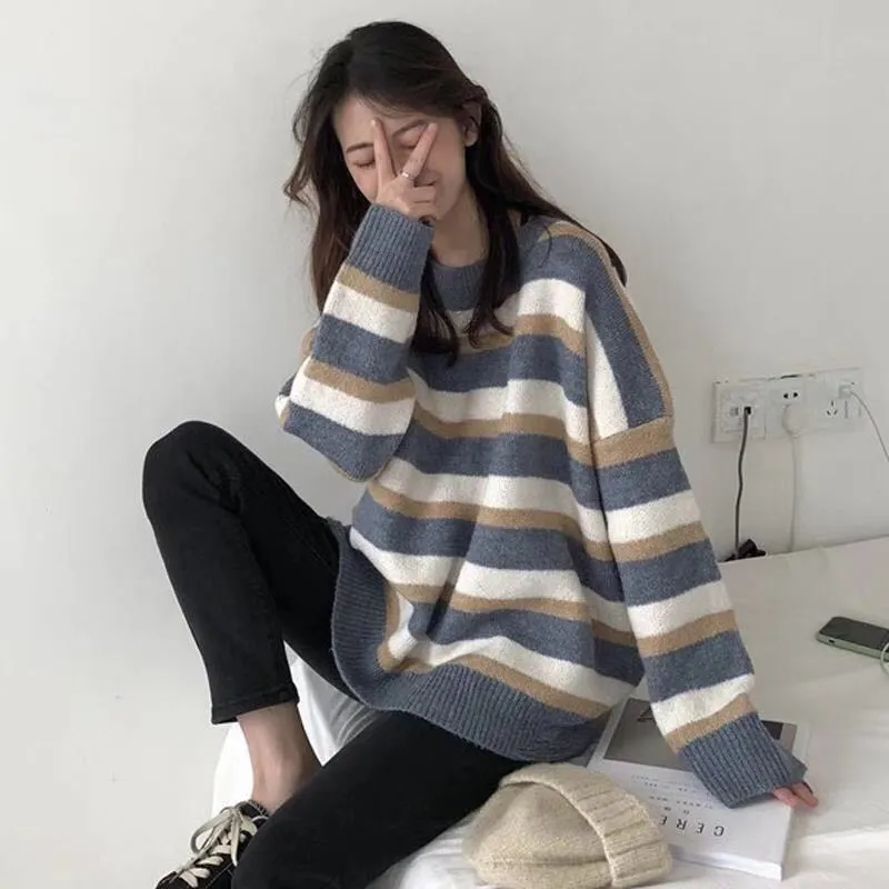 Autumn and Winter New Lazy Wind Hit Color Striped Sweater Female Student Korean Version of Loose and Wild Thin Bottoming Sweater