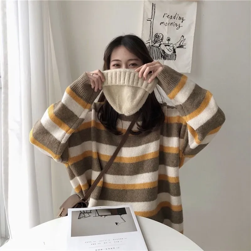 Autumn and Winter New Lazy Wind Hit Color Striped Sweater Female Student Korean Version of Loose and Wild Thin Bottoming Sweater