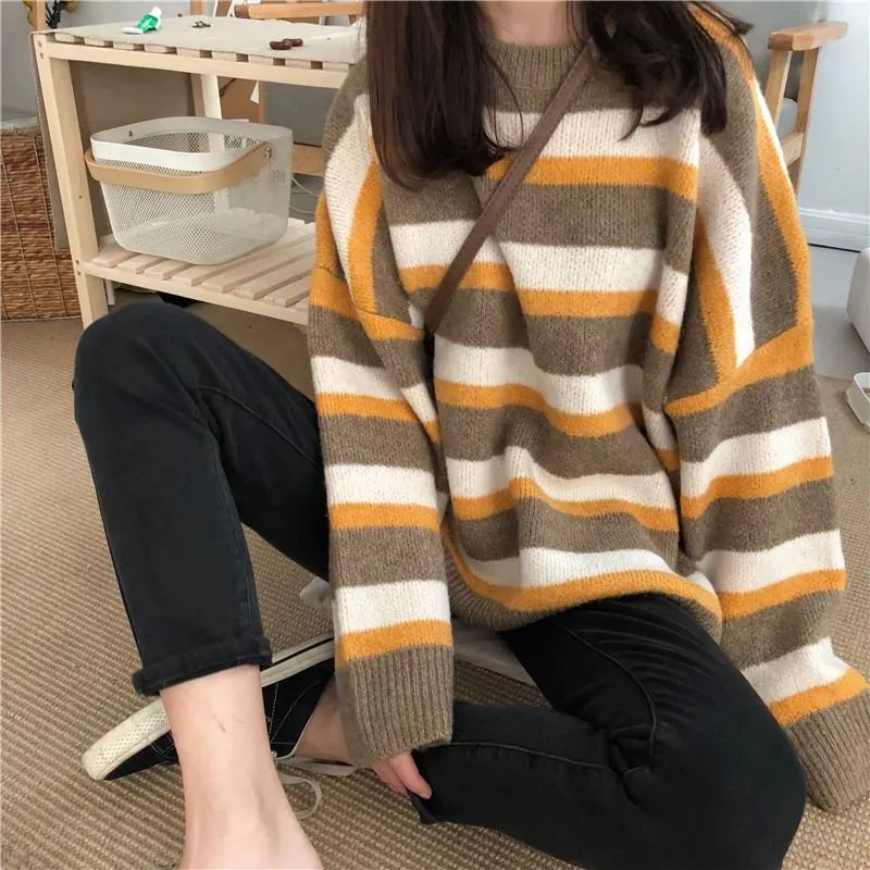 Autumn and Winter New Lazy Wind Hit Color Striped Sweater Female Student Korean Version of Loose and Wild Thin Bottoming Sweater