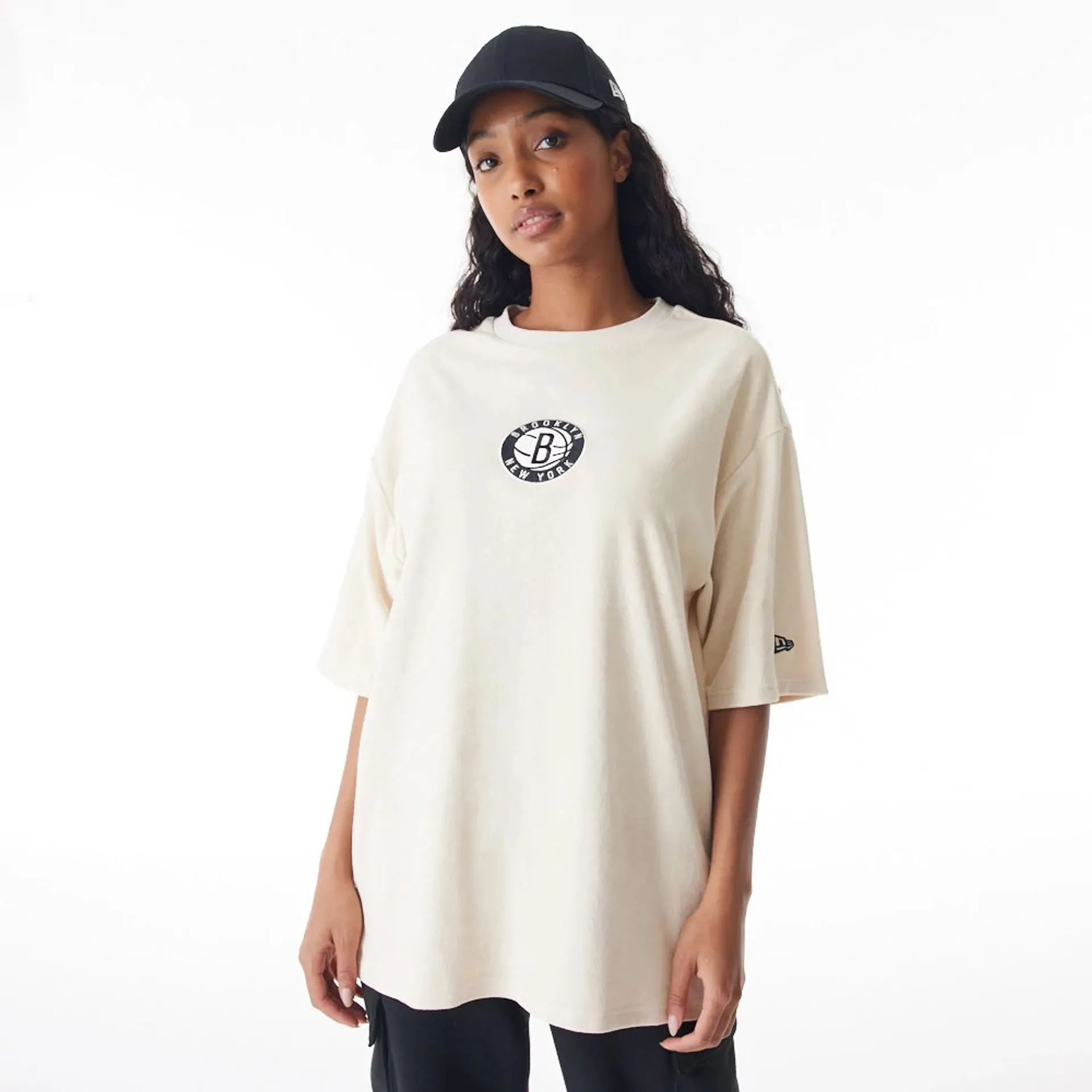 Brooklyn Nets NBA Lifestyle Velour Light Beige Oversized T-Shirt