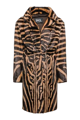 Camel & Dark Brown Zebra Print Kid Skin Fur Coat