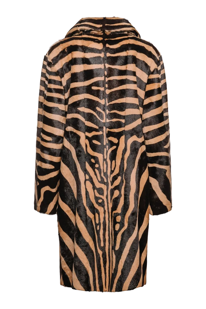 Camel & Dark Brown Zebra Print Kid Skin Fur Coat