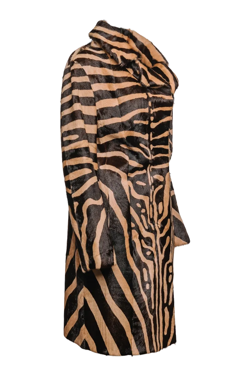 Camel & Dark Brown Zebra Print Kid Skin Fur Coat