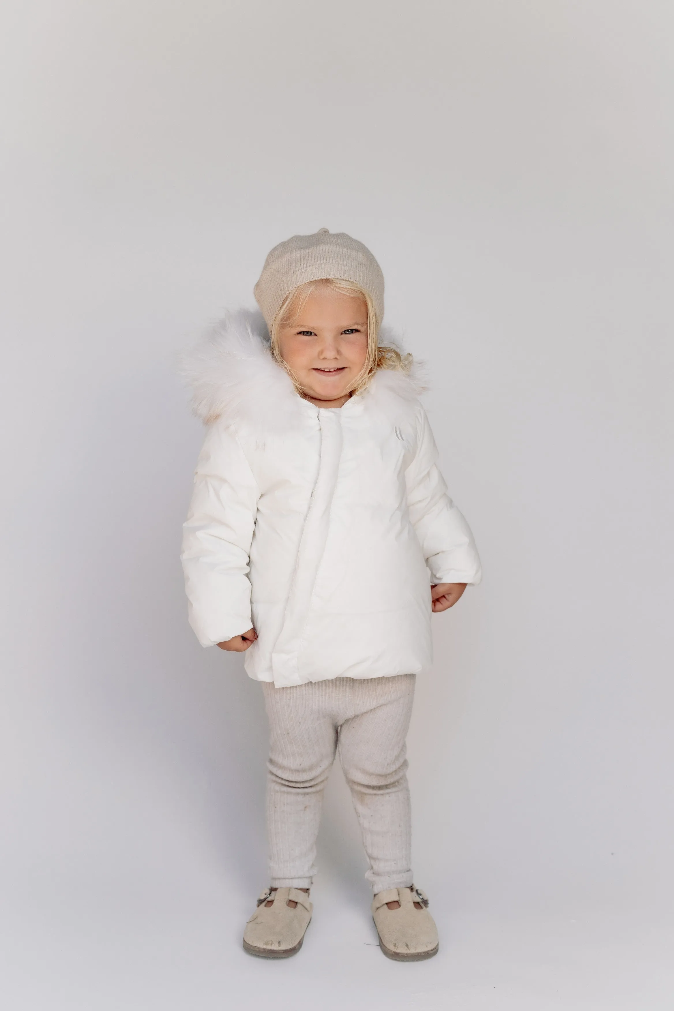 coat side invisible zipper with fur - winter white