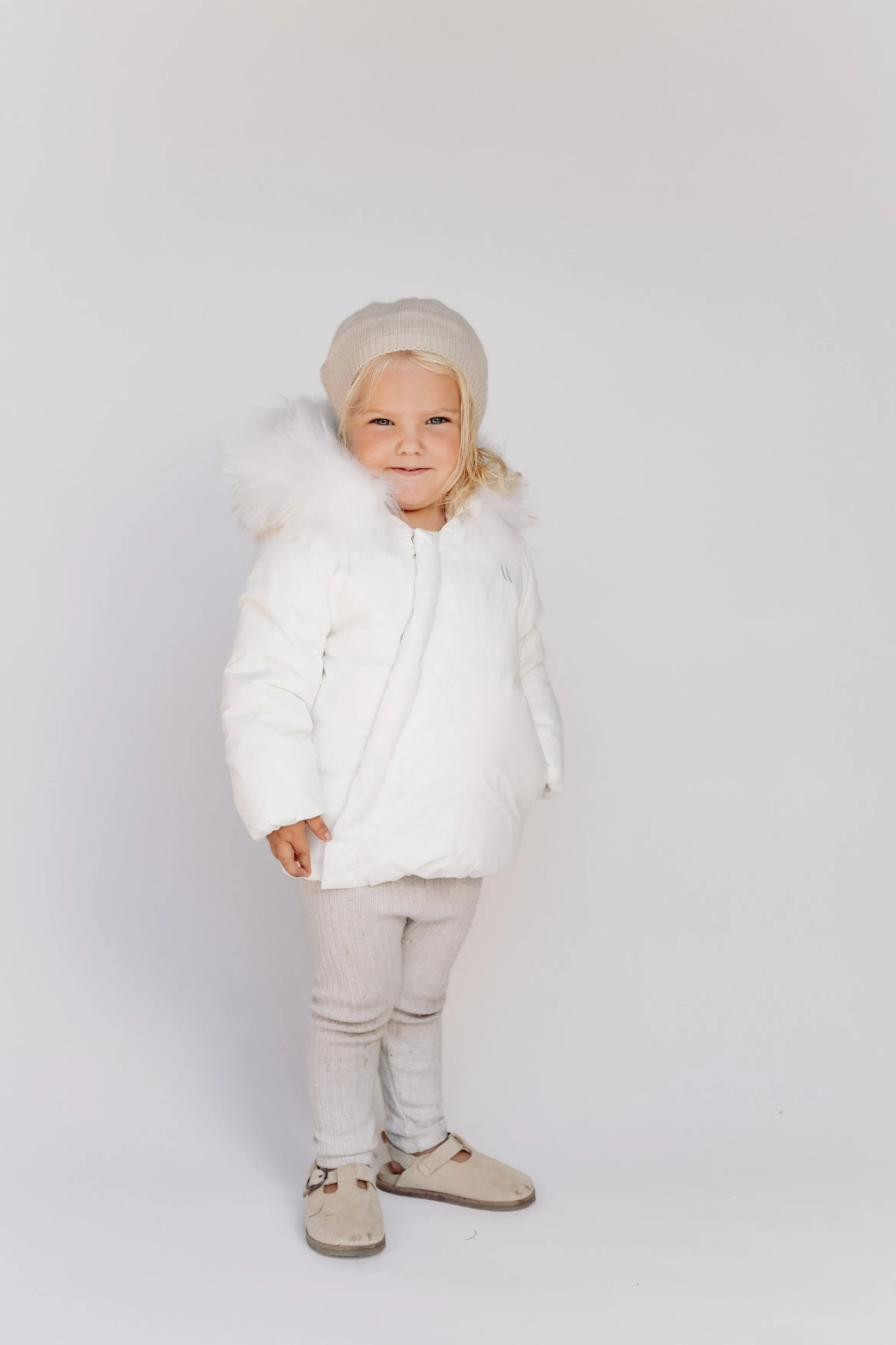 coat side invisible zipper with fur - winter white