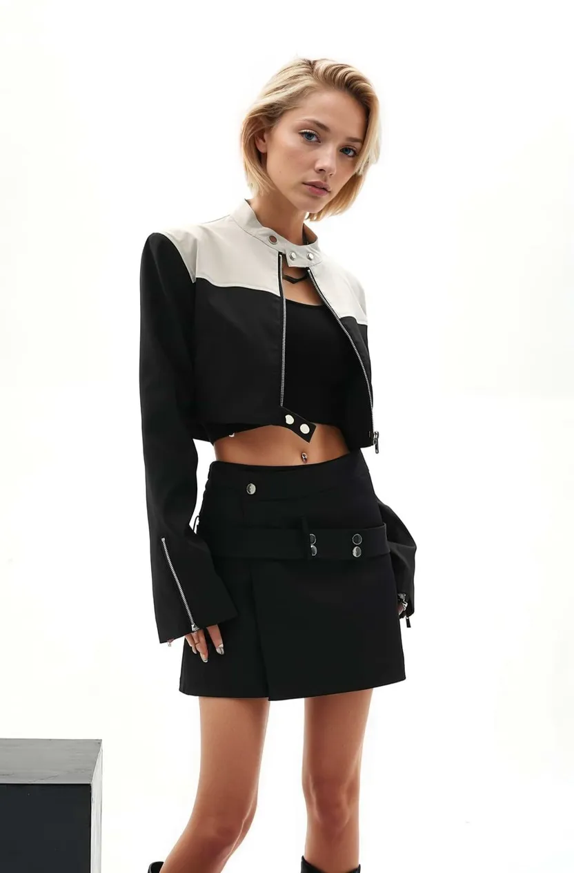 Color Block Cropped Moto Zip Up Jacket