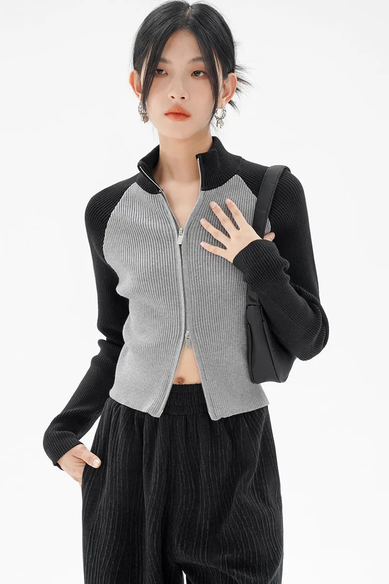 Color Block Double Zip Ribbed Top