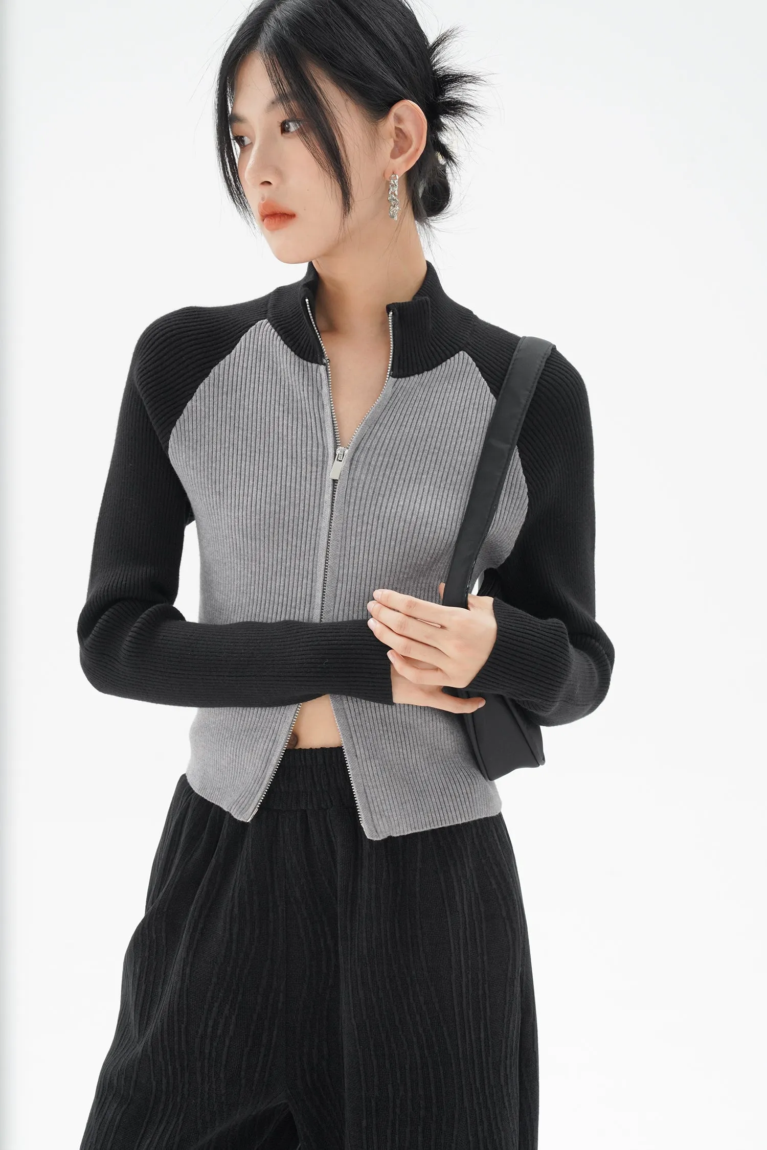 Color Block Double Zip Ribbed Top