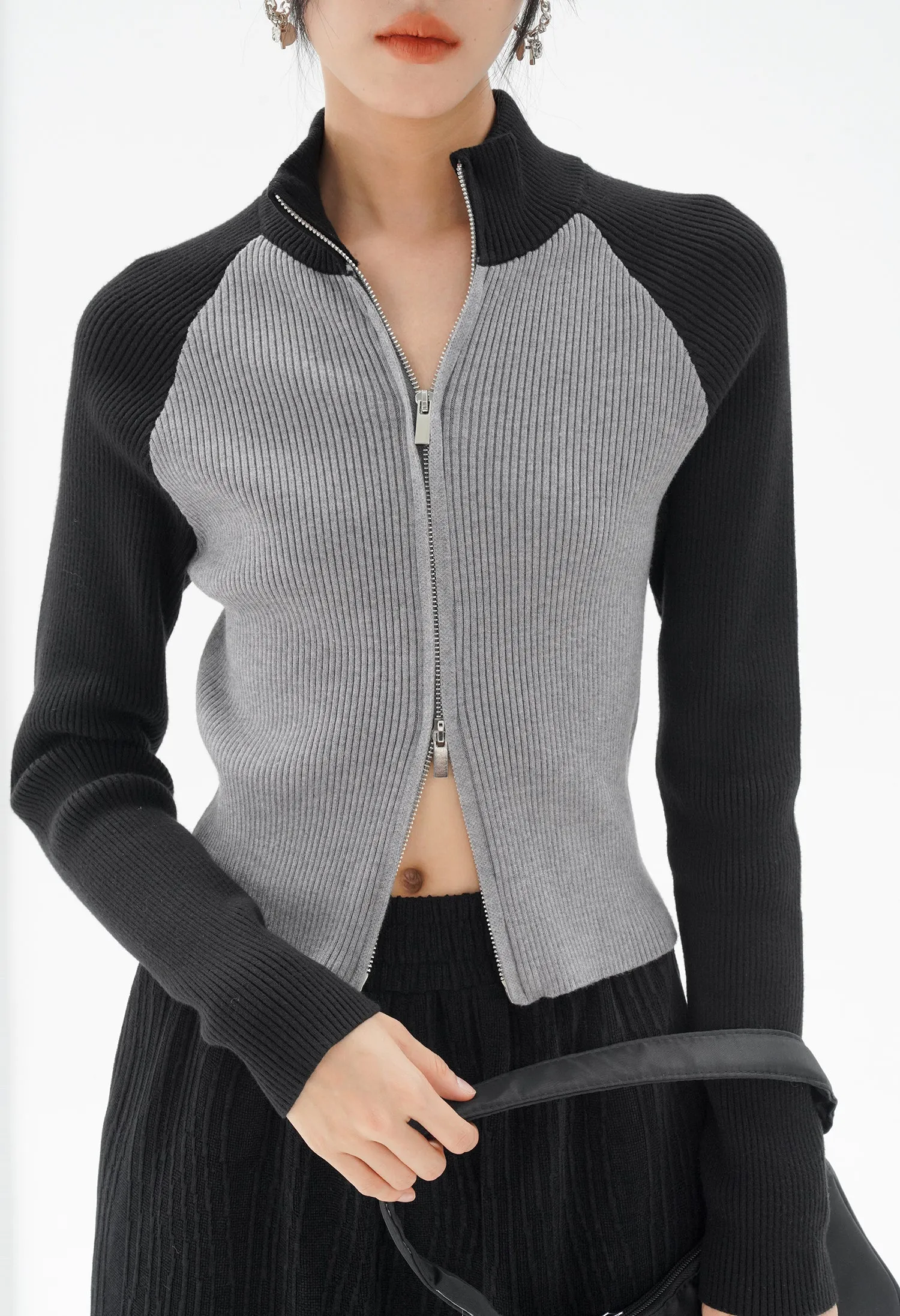 Color Block Double Zip Ribbed Top