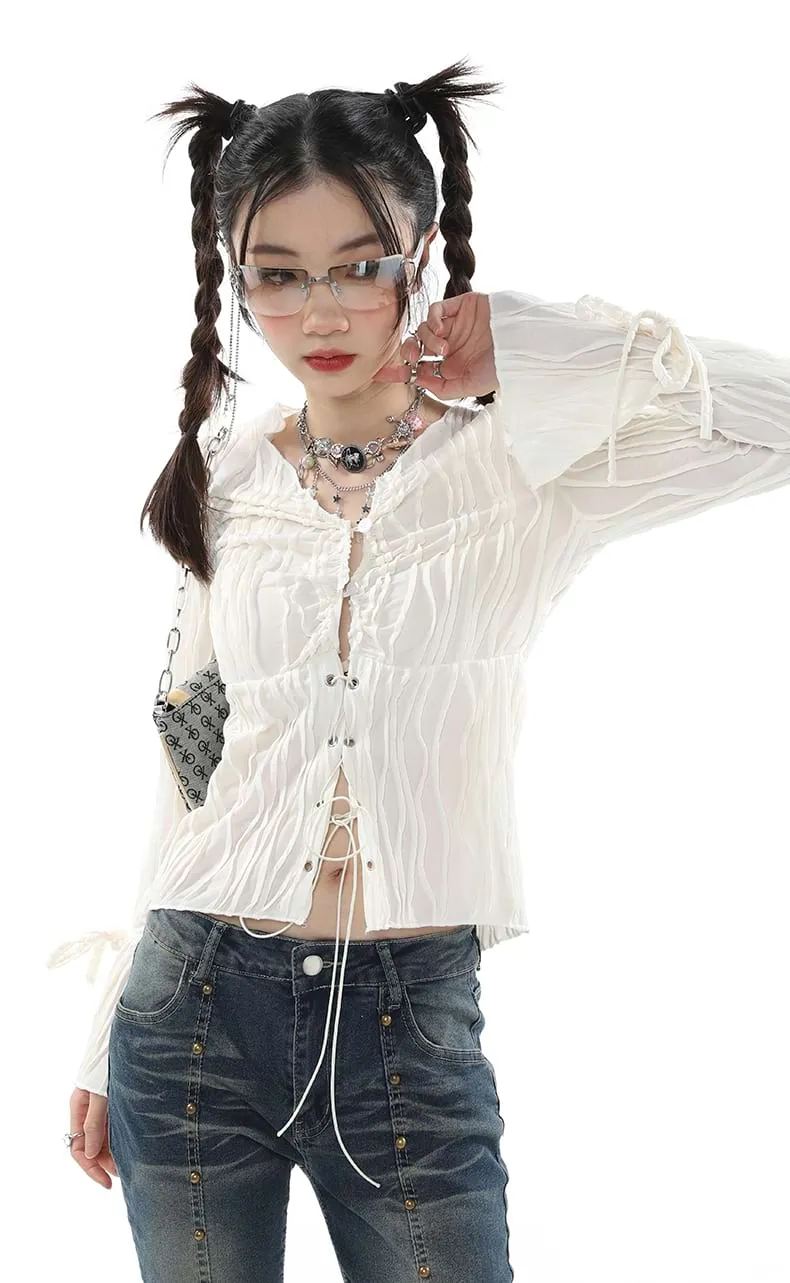 Crimped Drawstring Long Sleeve Top