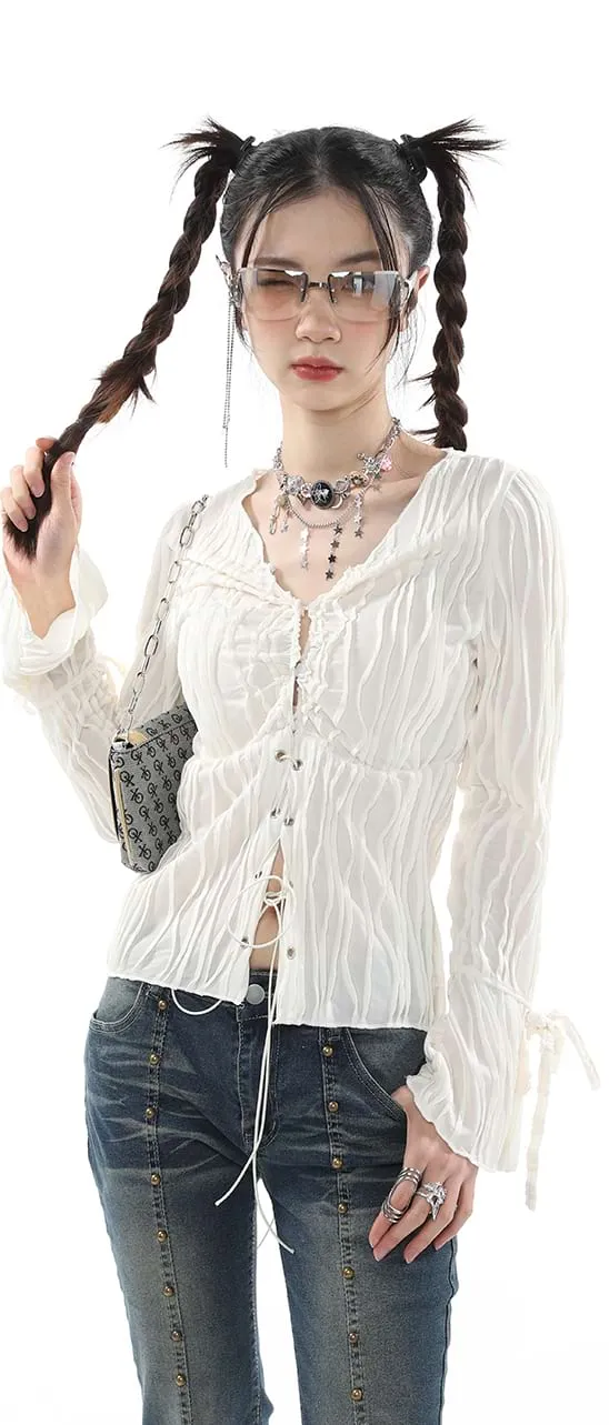 Crimped Drawstring Long Sleeve Top