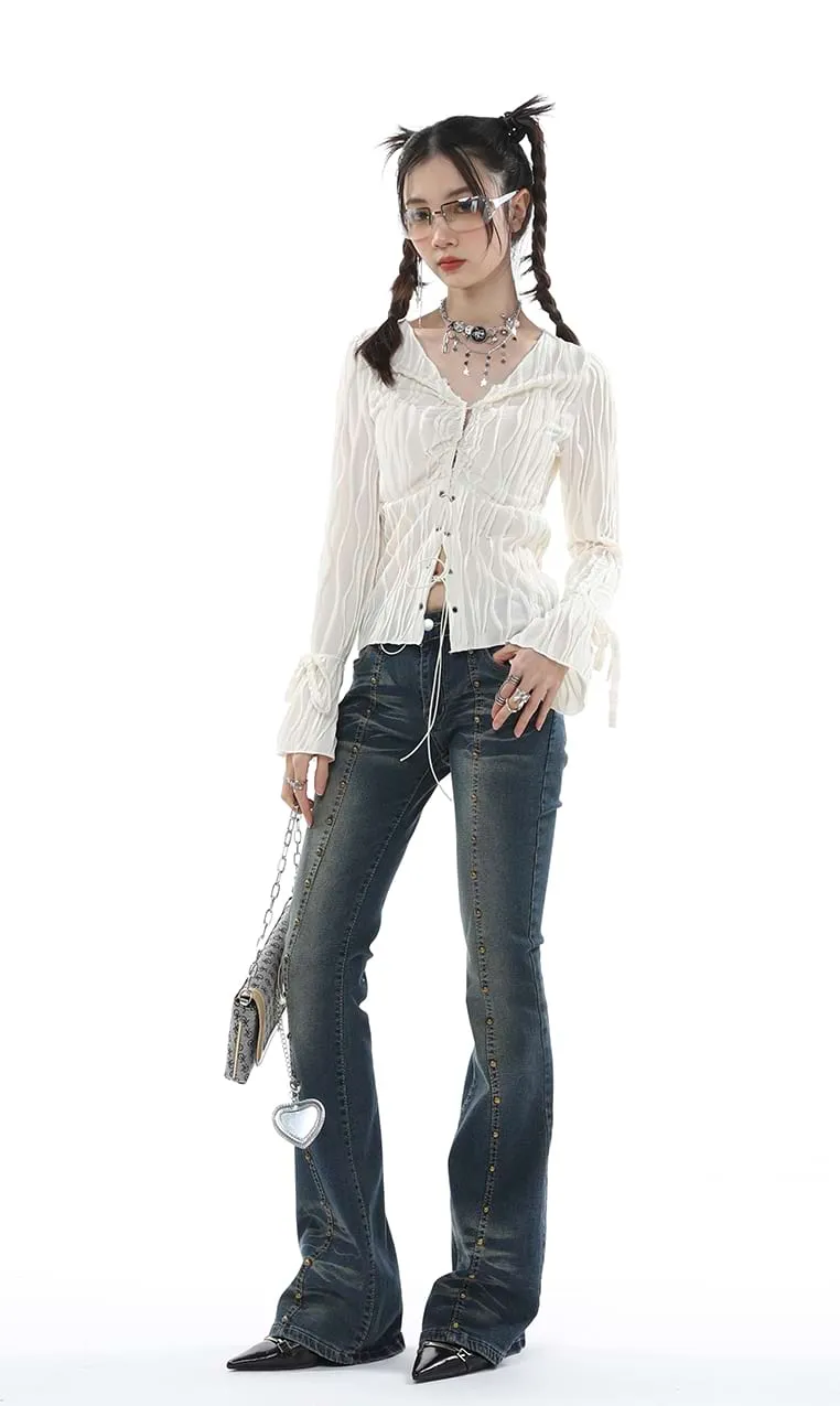 Crimped Drawstring Long Sleeve Top