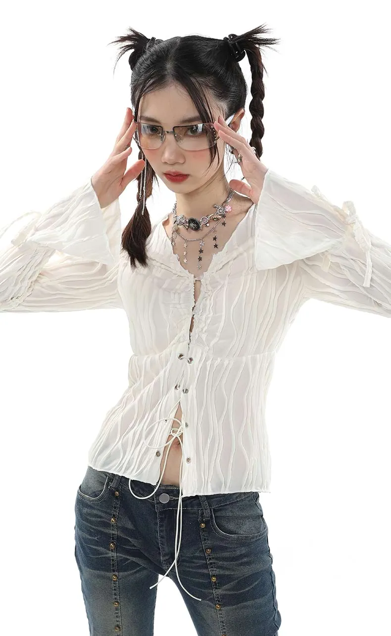 Crimped Drawstring Long Sleeve Top