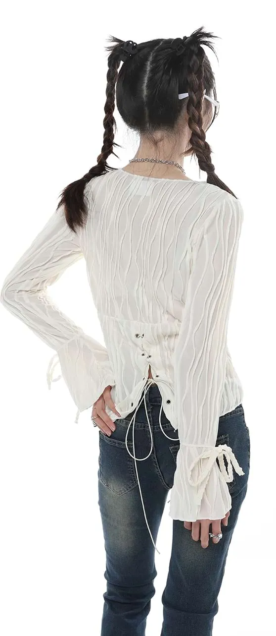 Crimped Drawstring Long Sleeve Top