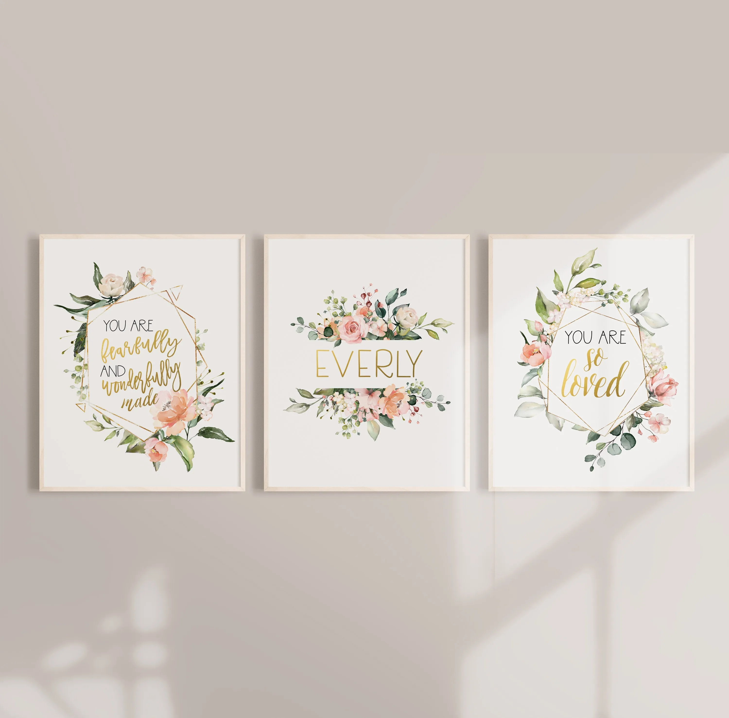 Custom Name Floral Nursery Wall Prints - I am so loved, Fearfully and Wonderfully Made