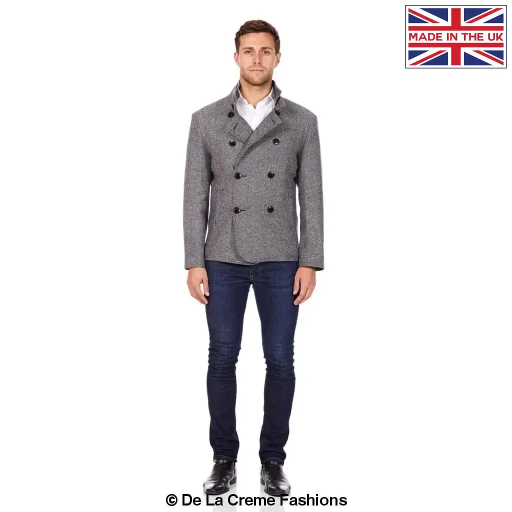 De La Creme MAN - Herringbone Tweed Blend Short Reefer Coat