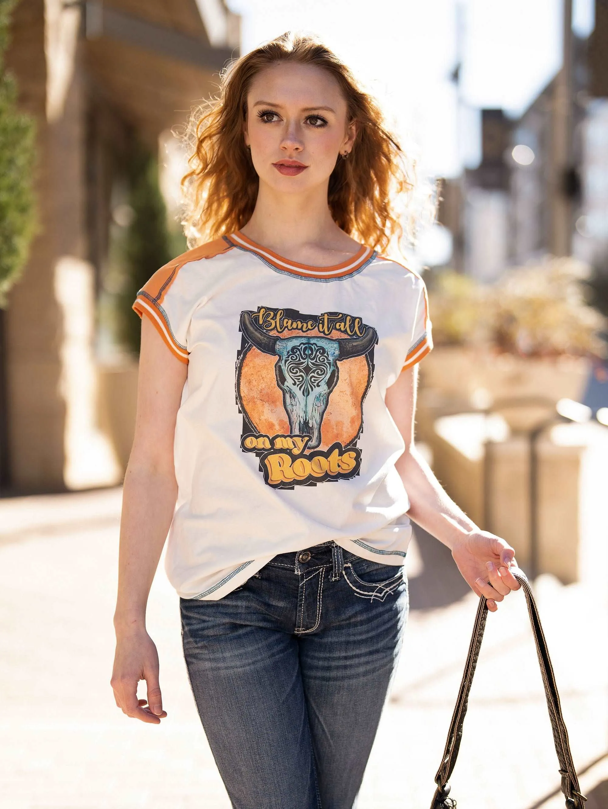 Delila Women's Mineral Wash Cow Skull Graphic Short Sleeve Tee