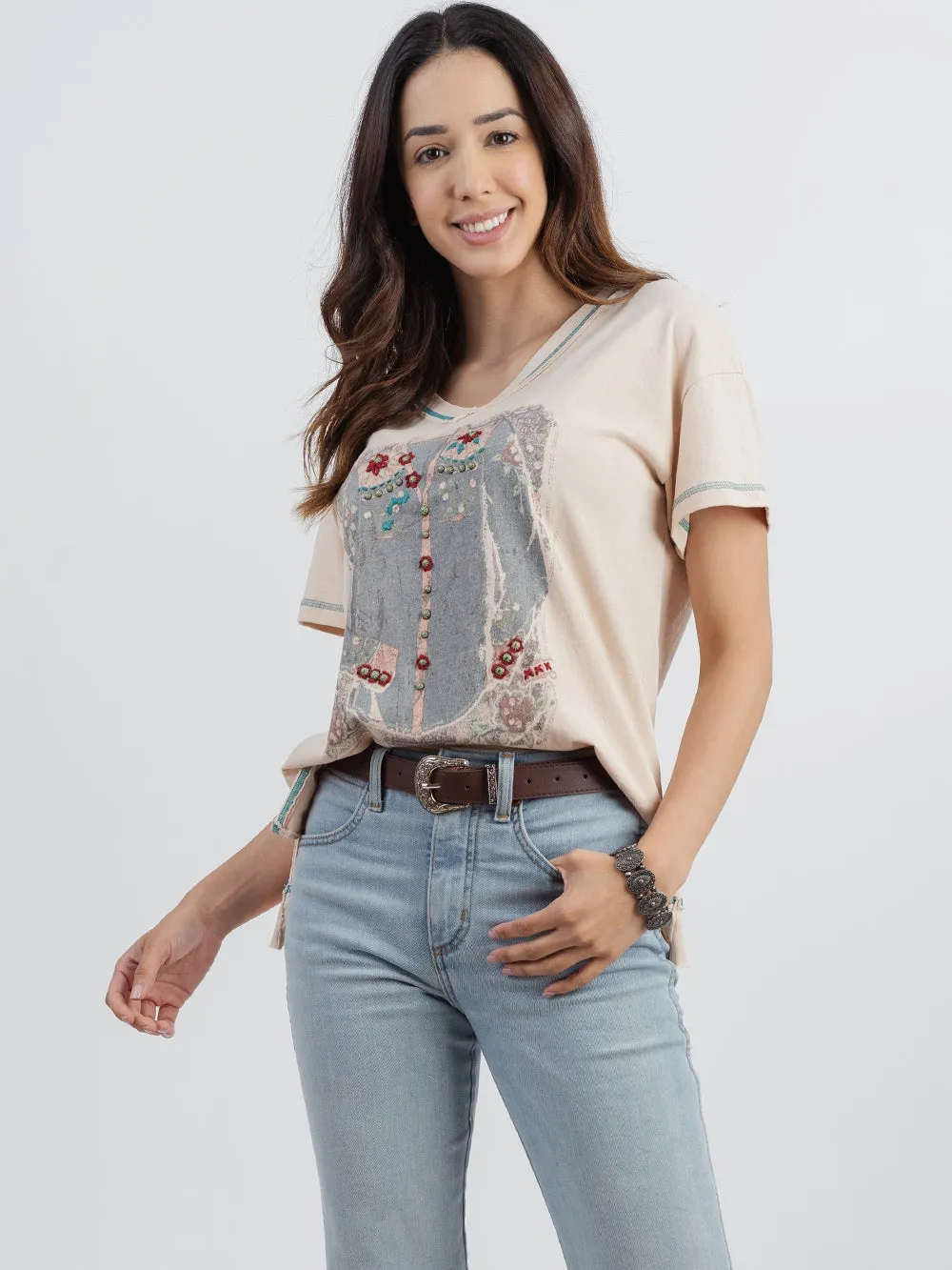 Delila Women’s Washed Western Jacket Print Tee