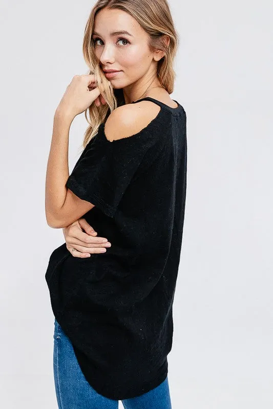 DISTRESSED COLD SHOULDER TEE