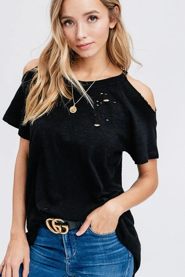 DISTRESSED COLD SHOULDER TEE