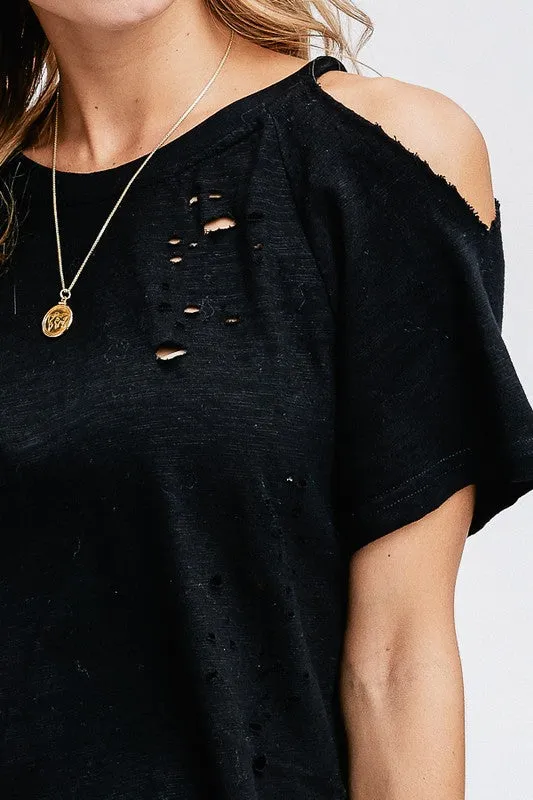 DISTRESSED COLD SHOULDER TEE