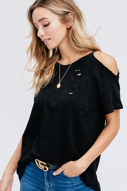 DISTRESSED COLD SHOULDER TEE