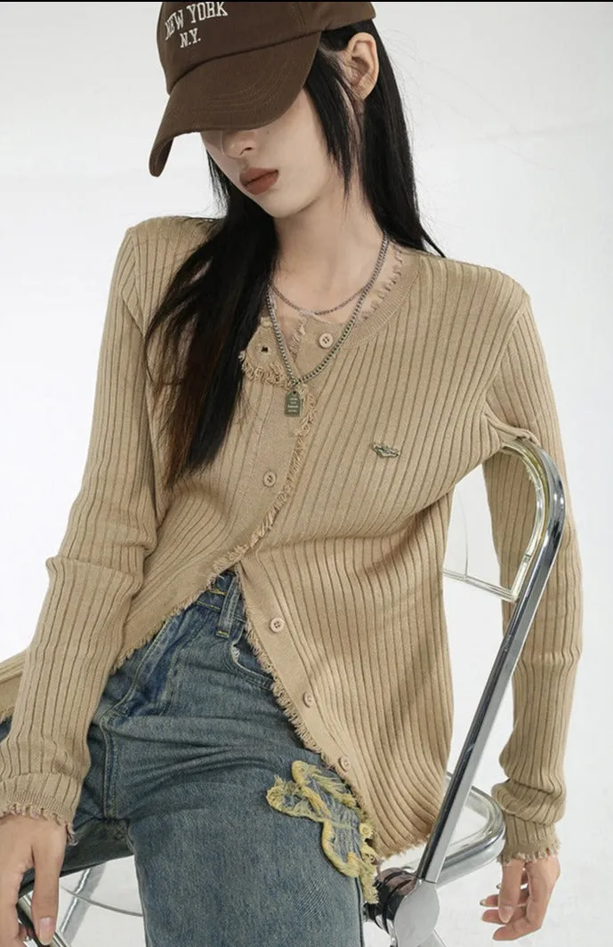 Distressed Hem Button Up Ribbed Top