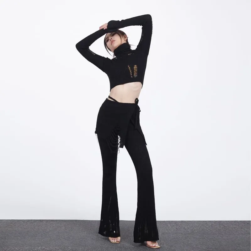 Distressed Knit Long Sleeve Crop Top and Flare Layered Pants Two-Piece Set