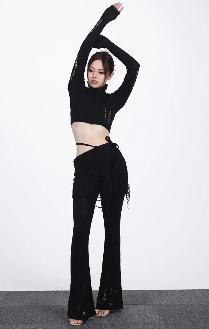 Distressed Knit Long Sleeve Crop Top and Flare Layered Pants Two-Piece Set