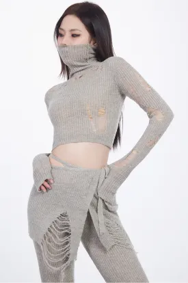 Distressed Knit Long Sleeve Crop Top and Flare Layered Pants Two-Piece Set