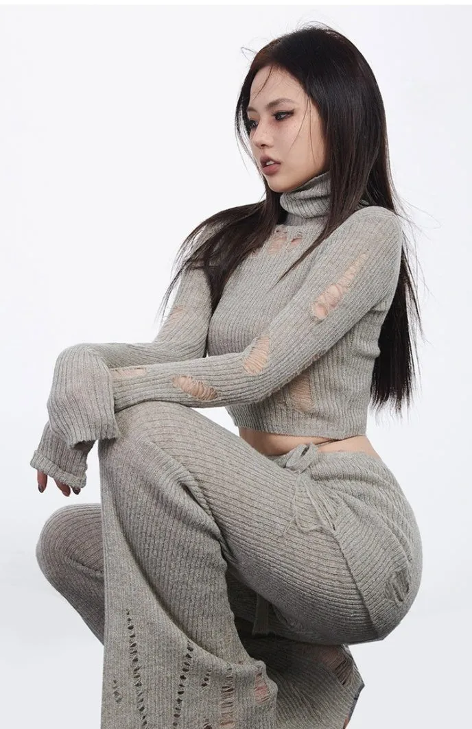 Distressed Knit Long Sleeve Crop Top and Flare Layered Pants Two-Piece Set