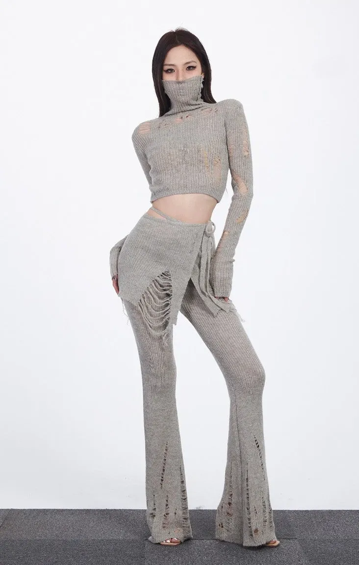 Distressed Knit Long Sleeve Crop Top and Flare Layered Pants Two-Piece Set