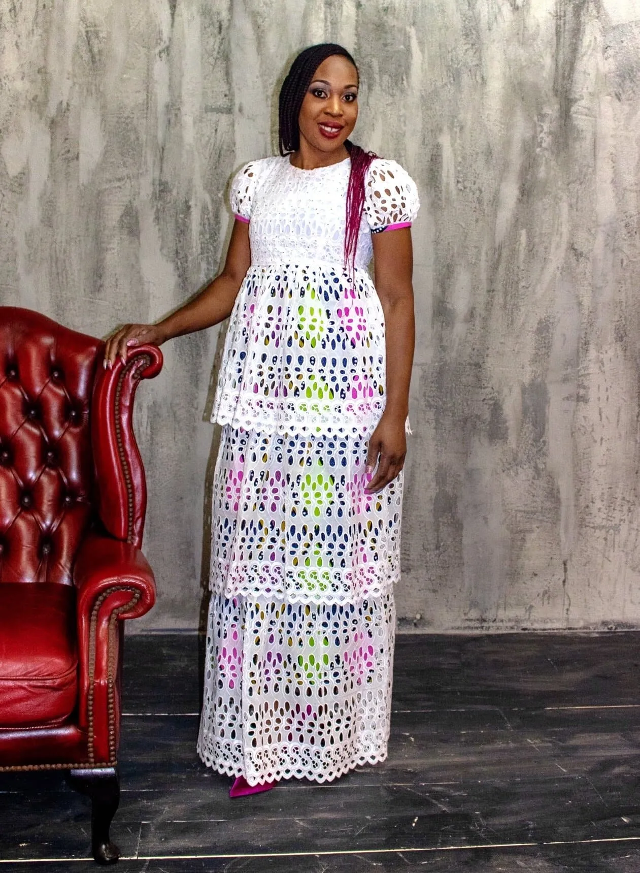 Embellished 3 Tier White Lace Maxi Dress with African Print Lining