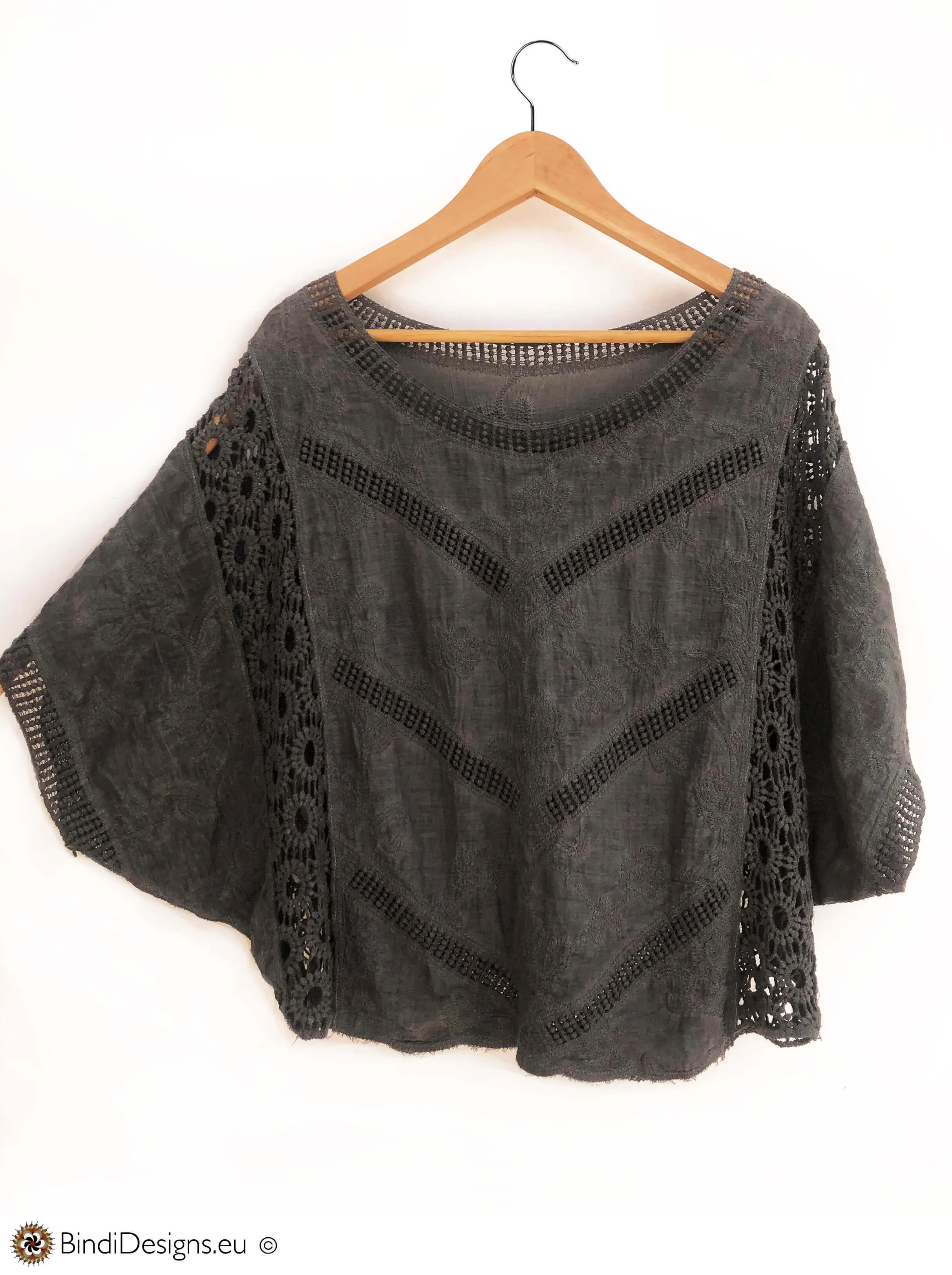 Embroidered Batwing Top in Grey