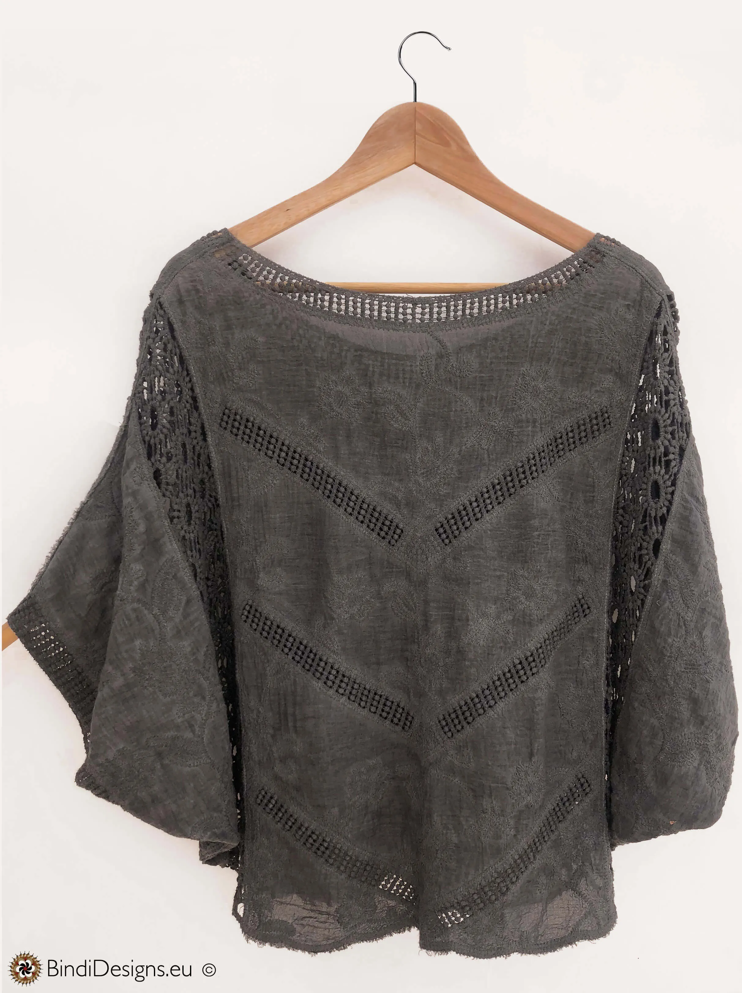 Embroidered Batwing Top in Grey