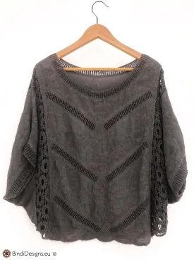 Embroidered Batwing Top in Grey