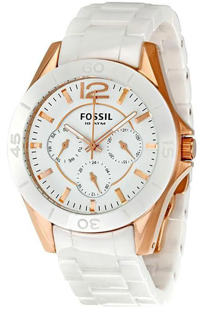 Fossil White Ceramic Rose Gold-Tone Stainless Steel White Dial Multi-Function Day-Date Quartz Womens Watch CE1006