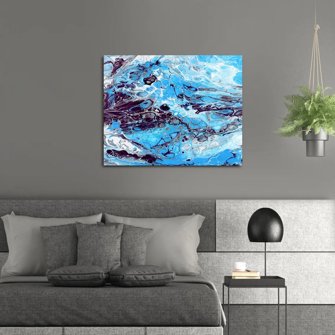 Framed horizontal blue & brown abstract wall art print